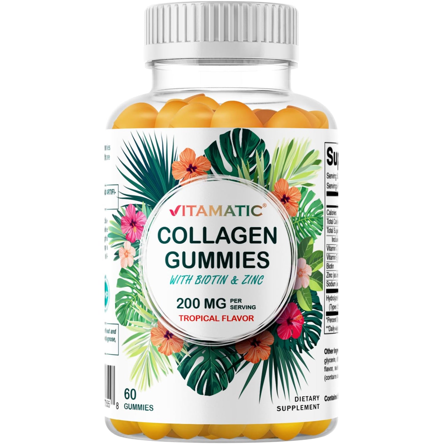 Vitamatic Hydrolyzed Collagen Gummies with Vitamin C, Zinc and Biotin, 200 mg - Healthy Skin Support